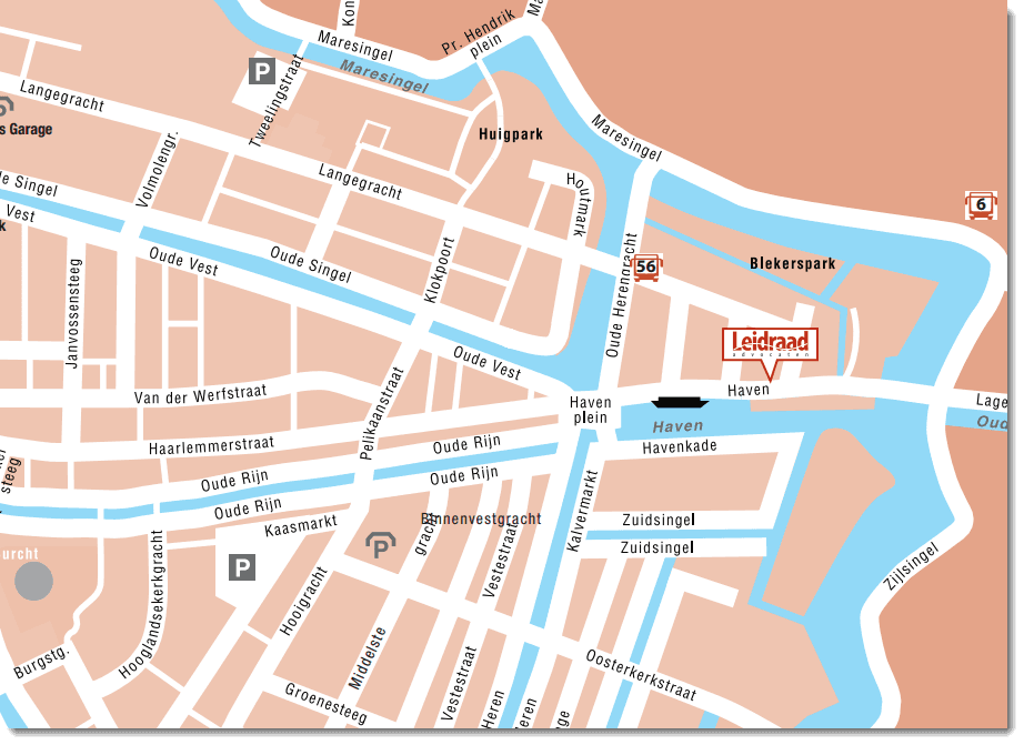 Plattegrond van de Leidse binnenstad met de locatie van het kantoor aan de Haven